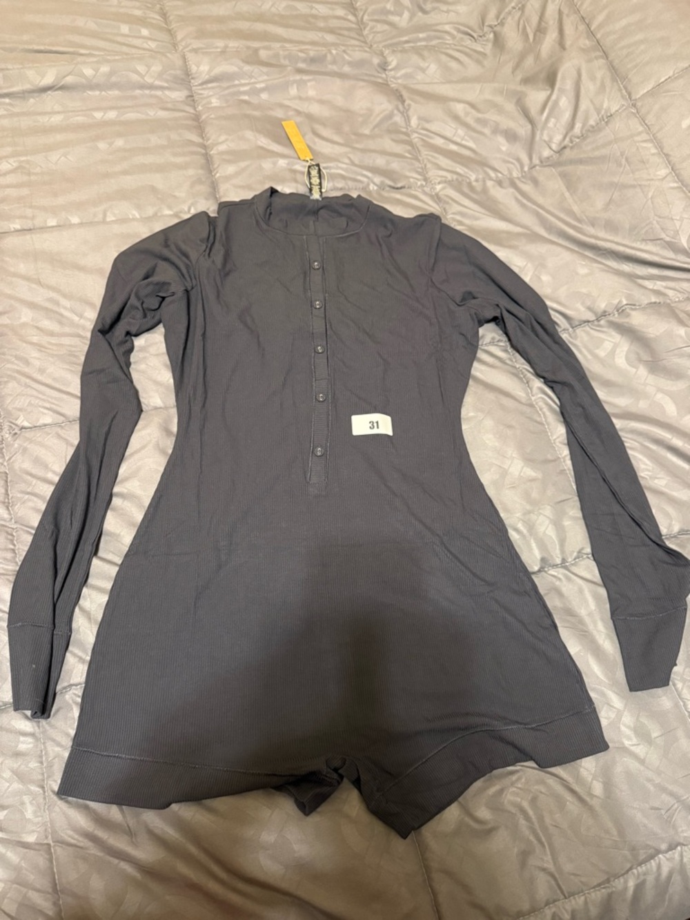 SKIMS Long Sleeve Henley Romper in Charcoal